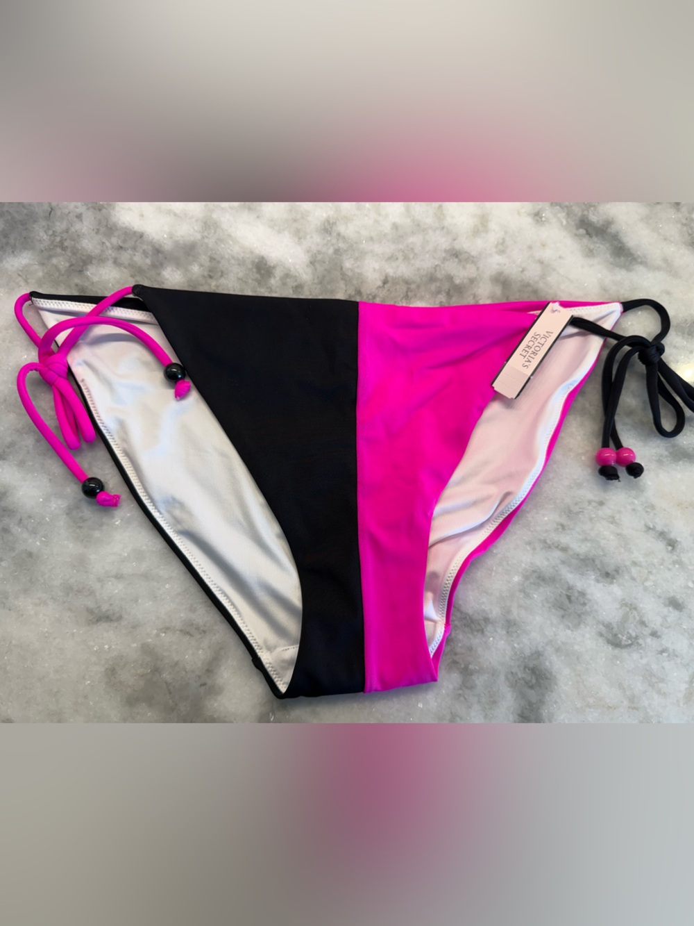 Victoria’s Secret Pink Black Colorblock Bikini Bottom Tie Side Asymmetrical L
